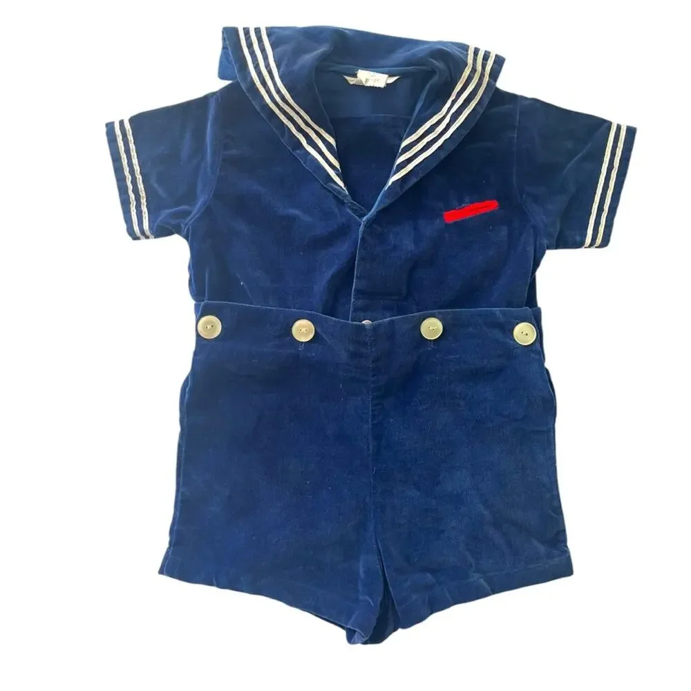 Size 2T/3T Vintage 50s Goodlad Navy Blue Sailor Boy Romper White Stripes Velour